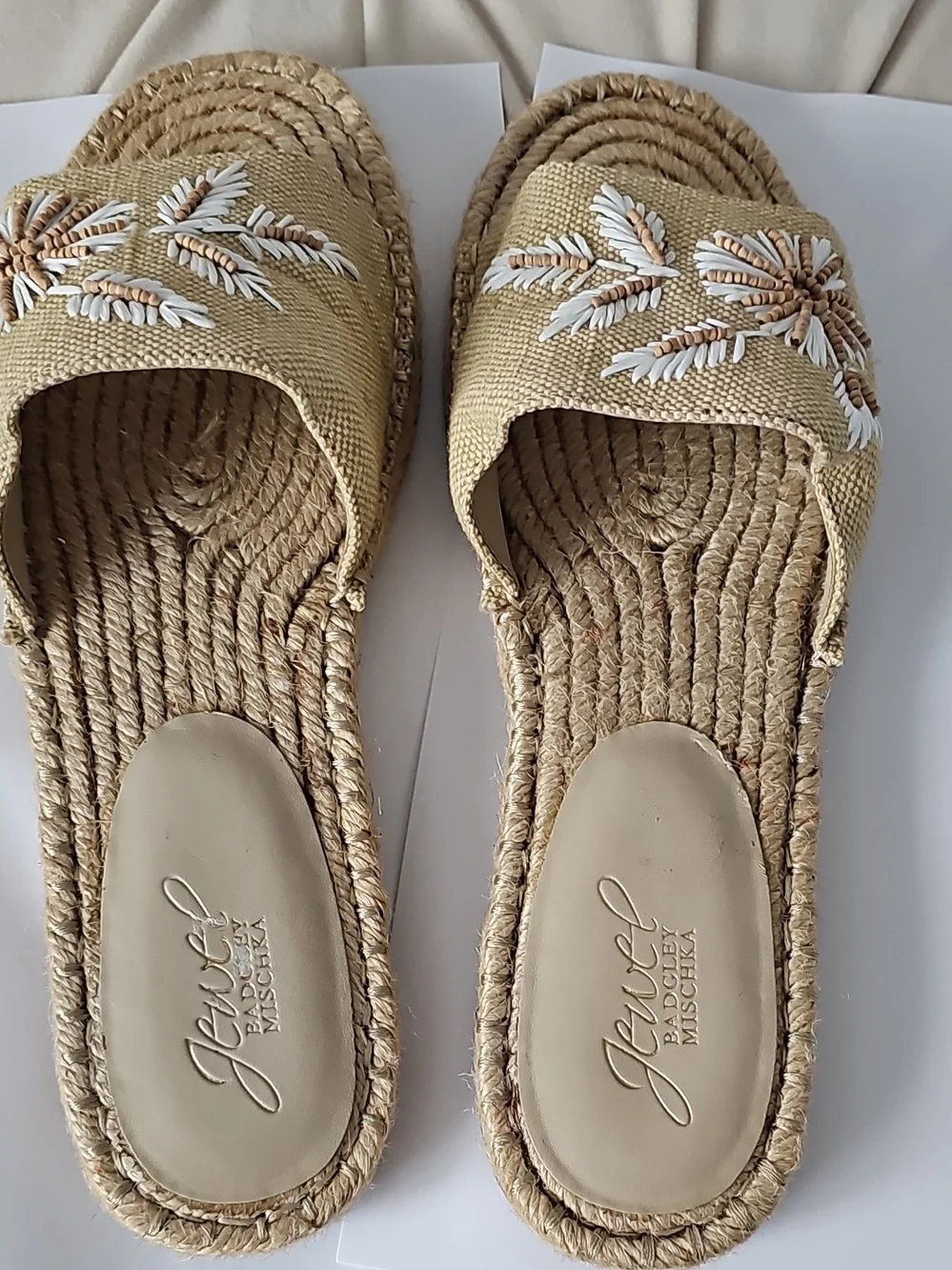 Jewel Badgley Mischka Natural Embroidered Slide Sandals